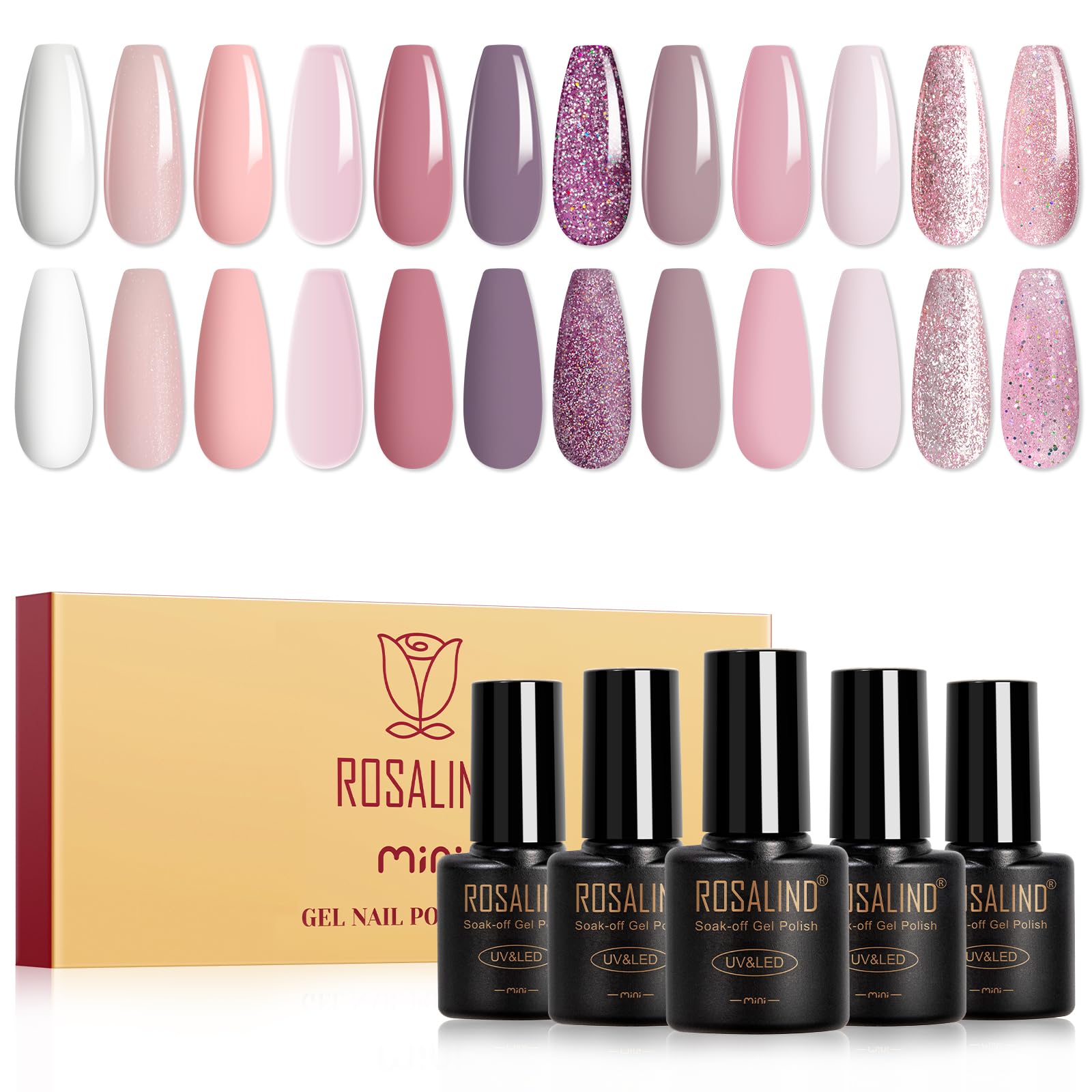 ROSALIND Esmaltes Semipermanentes, 12 Color Blanco Rosa Nude Morado Avena Glitter Colores Semipermanentes Uñas, UV LED Pintauñas Semipermanentes Manicure Regalo