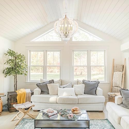 Miniatura 6 de QAREHL Candelabros de granja para comedor, rústico, 5 luces, lámpara colgante de orbe de madera, iluminación colgante para sala de estar, cocina,