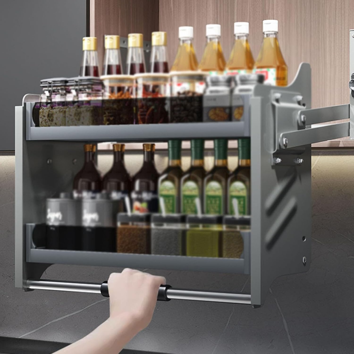 Pull Down Cabinet Organizer - Spice Rack & Dish Storage Shelf for Kitchen Cabinets (760-810mm) - Maximize Space & Accessibility, Ideal for Upper Cabinets