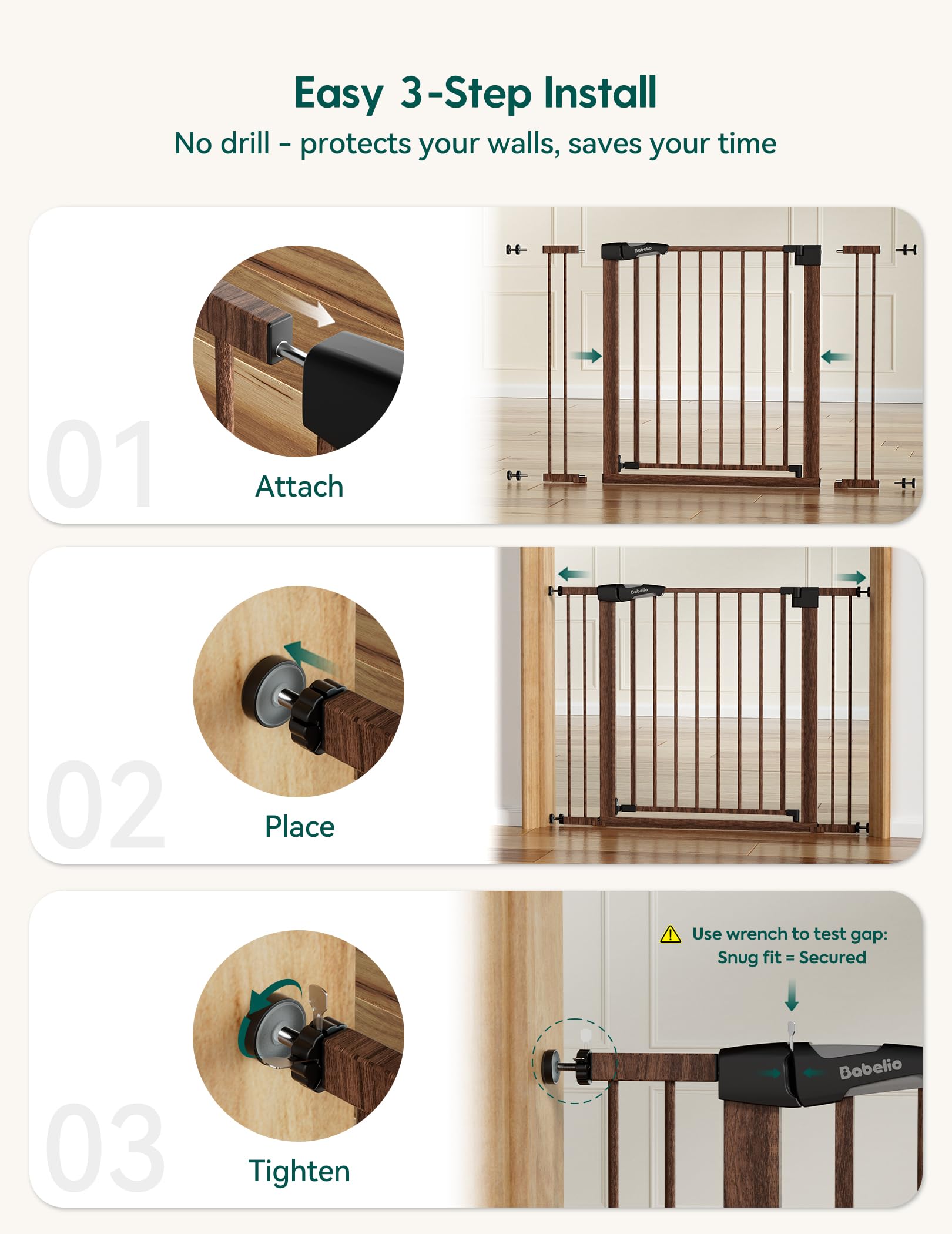 Babelio Barrière pour bébé en métal avec motif bois noir, facile à installer, montage par pression, pour escaliers et portes, avec protections murales et kits d'extension
