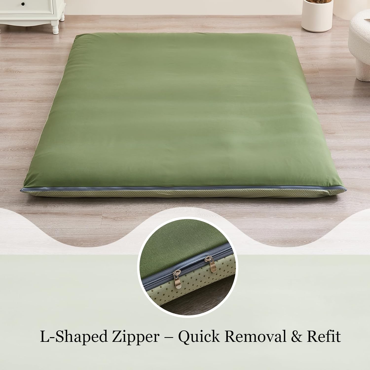 Zelladorra Anti-Slip Futon Mattress Cover Twin Size, Japanese Floor Mattress Cover with Zipper, Machine Washable (Green)