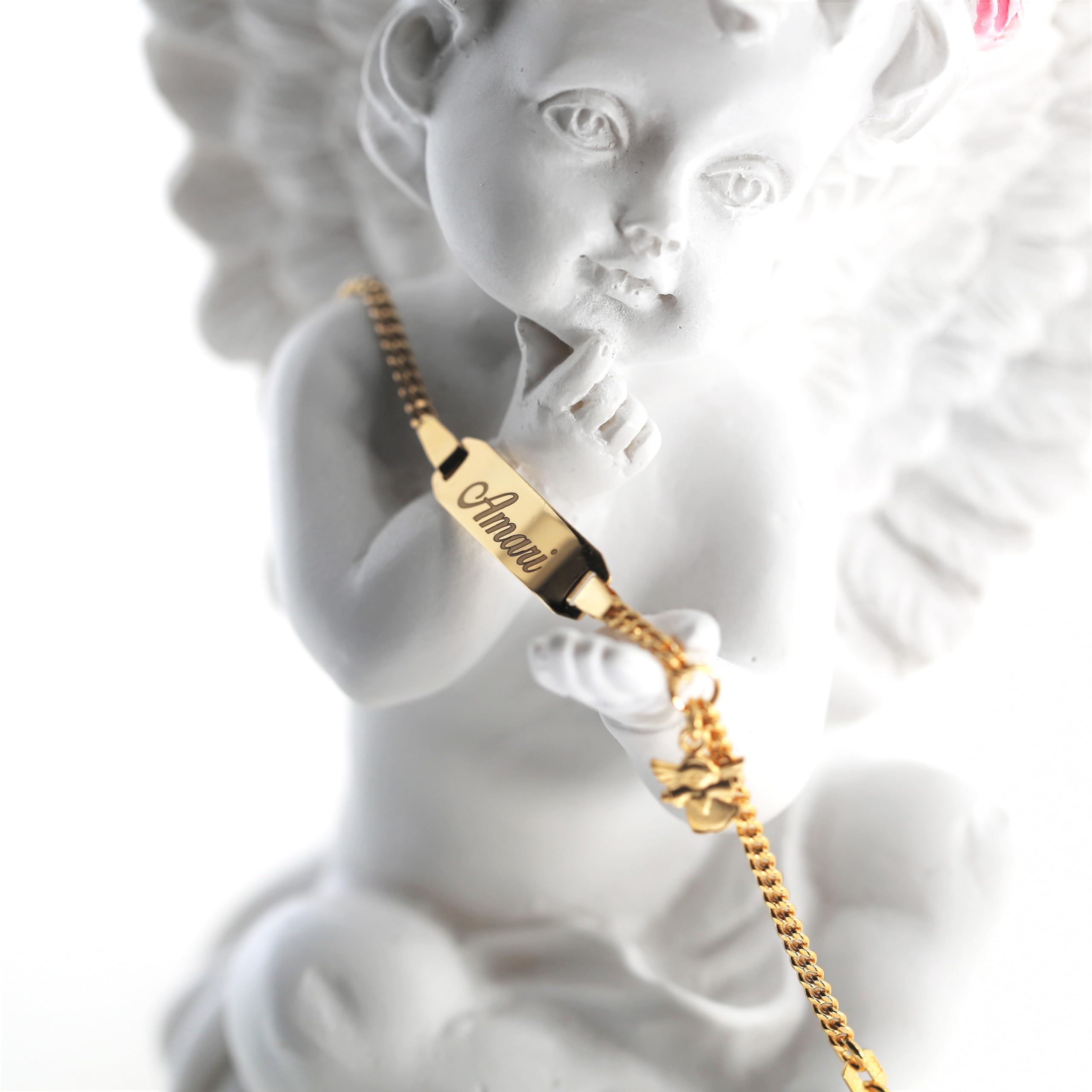 Baby ID Armband mit Engel Taufarmband Gravur Babyarmband 925 Silber vergoldet Taufschmuck mit Namen kurz 12cm 14cm Gold personalisiert