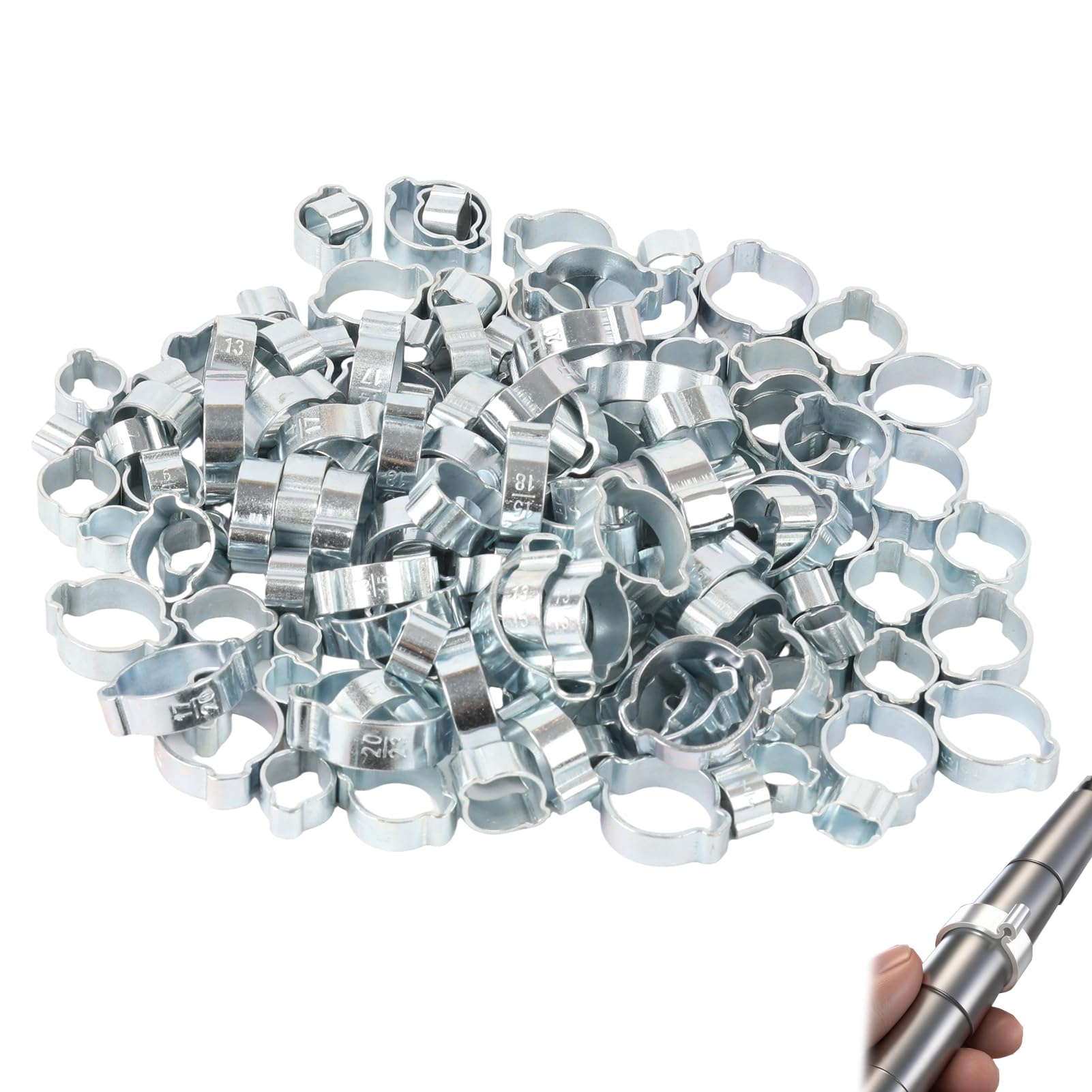 160 Pièces de Double Oreille Pinces de Fixation, Colliers de Serrage Inox Ajustables pour Tuyaux, Double Oreille Pinces de Tuyau en 9 Tailles, Collier de Serrage Métallique pour Applications Variées