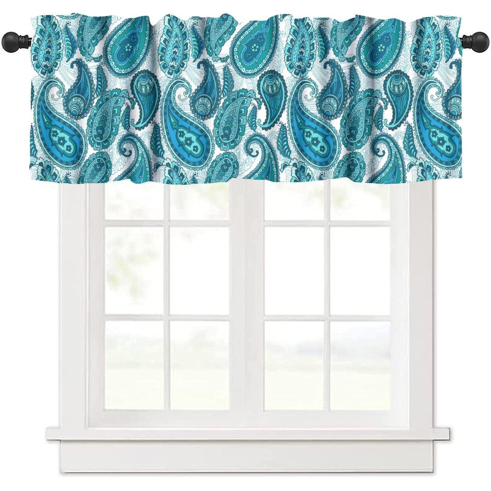 moderw Blue Paisley Flower Window Valance Curtains Vintage Damask Antique Floral Ornamental Seasonal Window Treatments Curtain Valance for Farmhouse Kitchen Bedroom Living Room 54x18inch