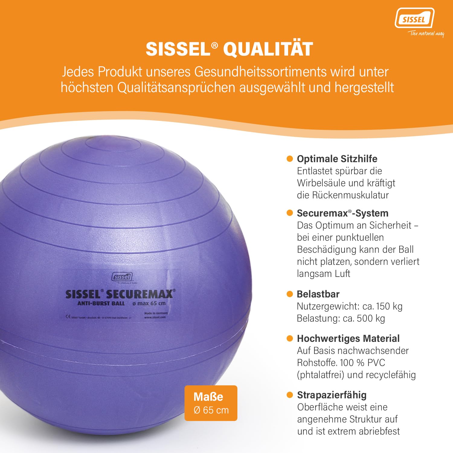 SISSEL SECUREMAX Gymnastikball | Belastung bis 500 kg | 100% PVC & recyclebar | Für Fitness & Therapie | SECUREMAX-Sicherheitssystem | Inkl. Übungsposter & Stöpselheber