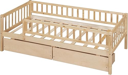 Miniatura 7 de Base de cama para niños de tamaño individual con 2 cajones, sofá cama individual de madera con valla, marco de cama de almacenamiento tamaño