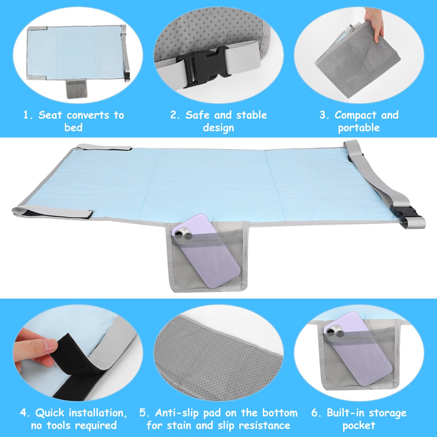 Kids Airplane Seat Extender Travel Bed, Toddler Airplane Bed Comfortable Oxford Cloth Infant seat Extender Travel Essentials (Blue) - Image 4
