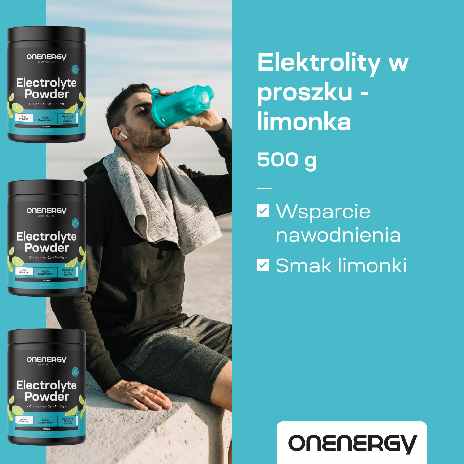 Elektrolity w proszku od OnEnergy - Limonka - 500 g - 142 porcje - Mieszanka 6 minerałów - Nawodnienie - Wsparcie mięśni i nerwów - Dołączona miarka - Na prawie 5 miesięcy