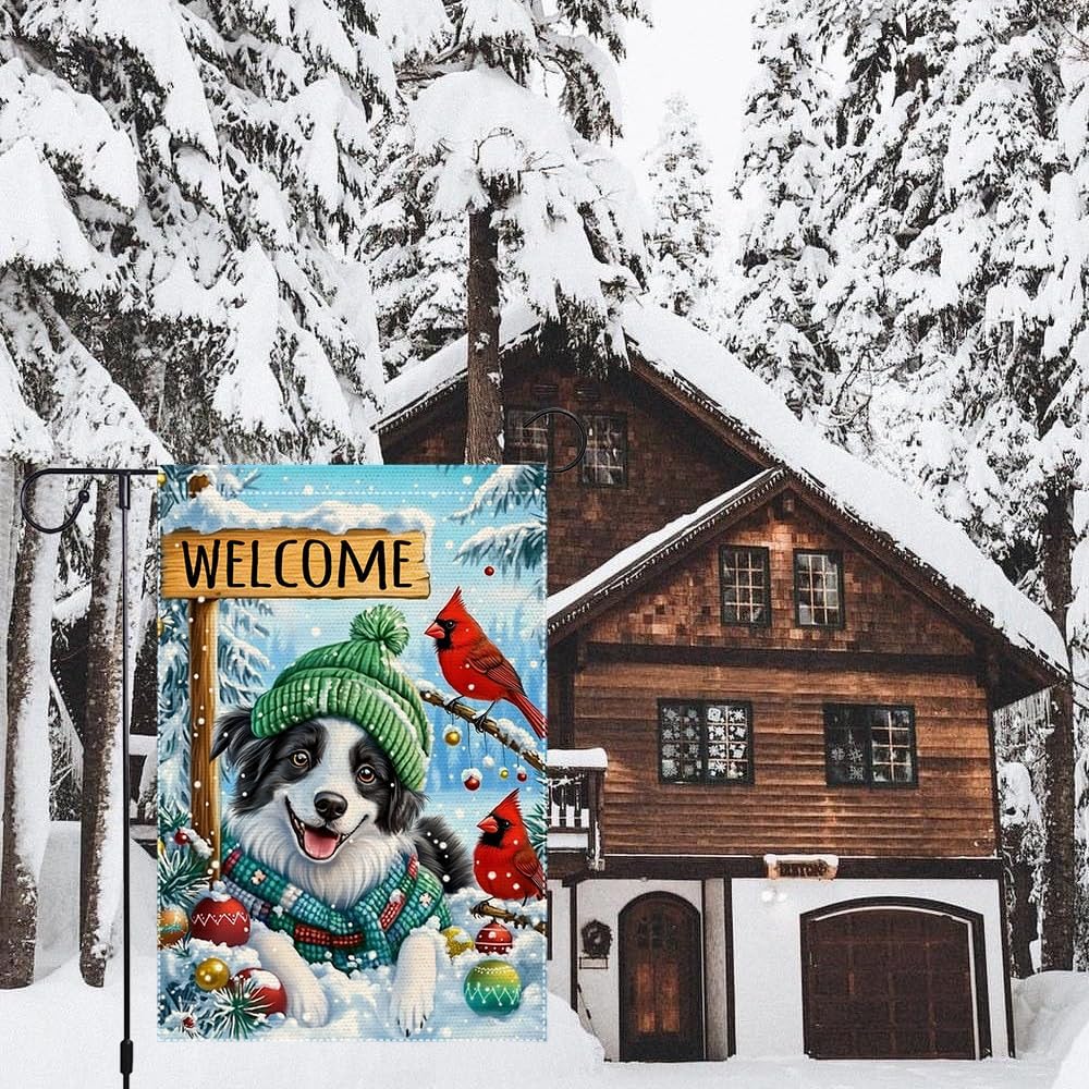 Winter Welcome Garden Flag Christmas Garden Flags 12x18 Inch Double-Sided Burlap with Border Collie Dog, Cardinals and Snowflakes, Perfect for Holiday Decor - Image 5