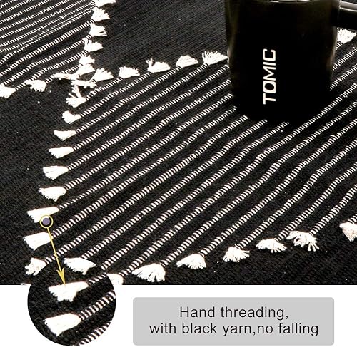 Miniatura 4 de Alfombra de baño bohemia de algodón pequeña, 2 x 3 pies, color negro, geométrica, con borlas, tejida con diamante, suave, lavable a máquina, para