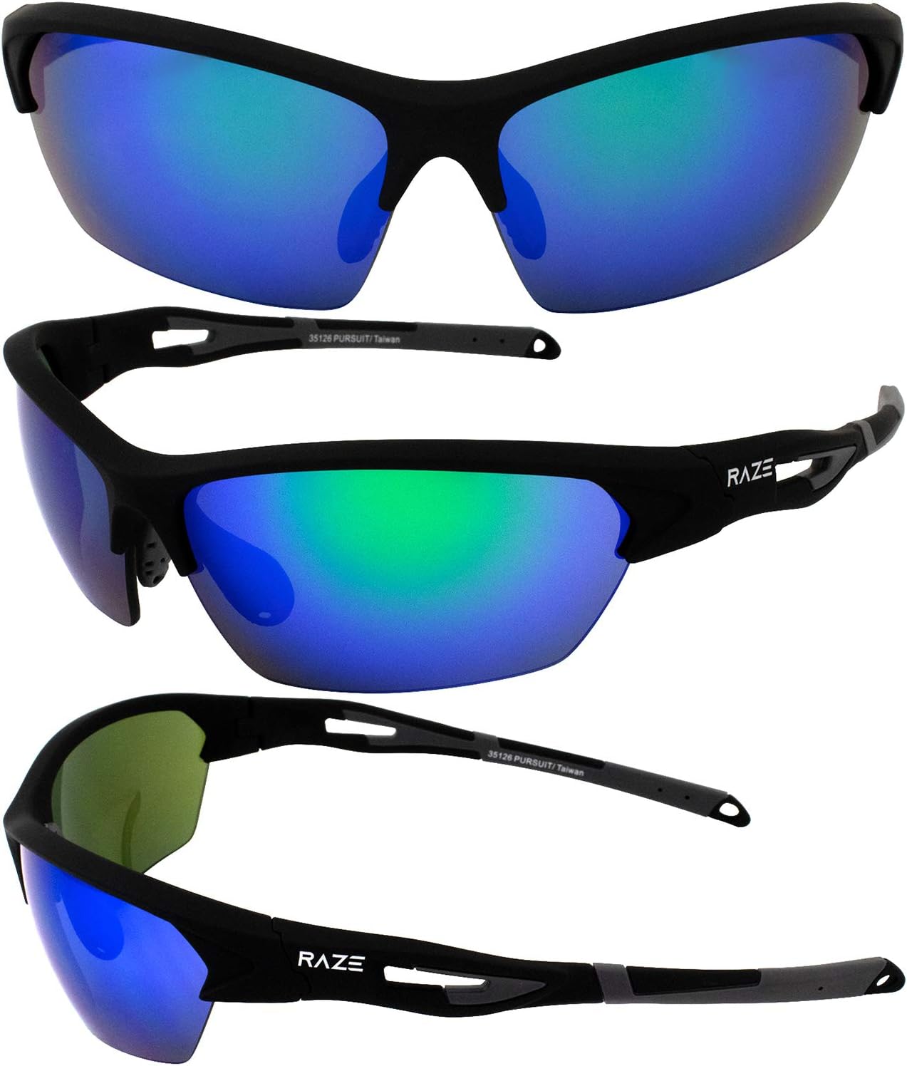 Raze Eyewear Pursuit Sport Sunglasses Black Touch Frame Green HD Z Mirror Lens - Image 4