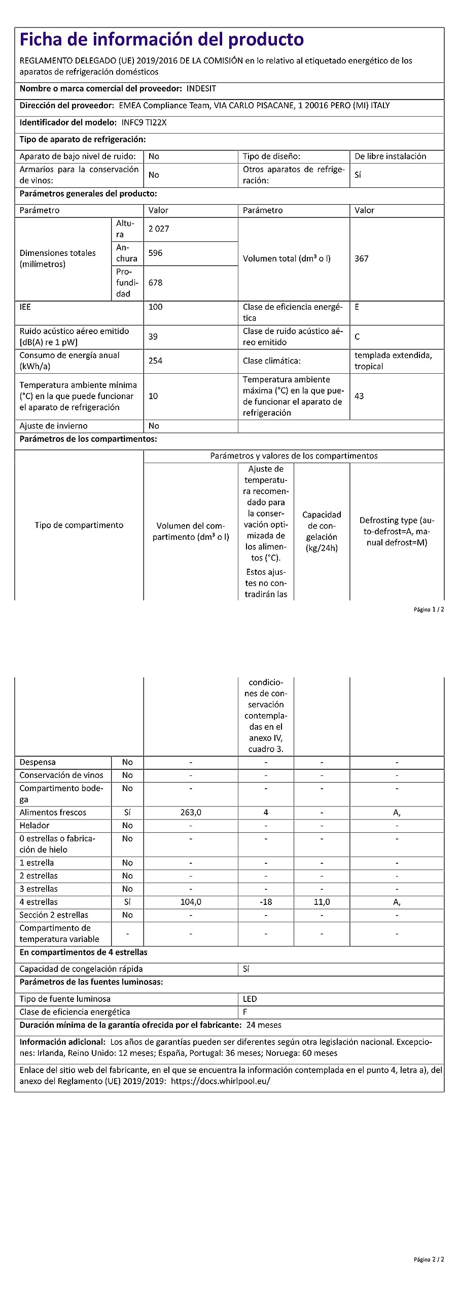 Indesit INFC9 TI22X, Frigorifero combinato total no frost a Libera installazione, 367L