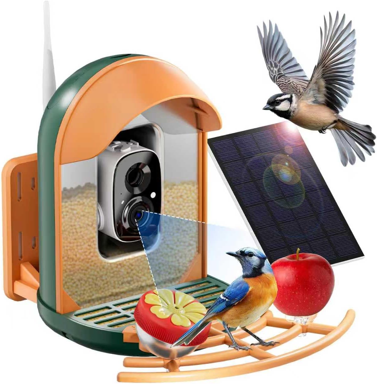 Bird Feeder with Camera, Smart Birdfeeder with Cam Solar Powered, 2K HD Video, AI Identification, Instant Arrival Alerts, IP66 Bird Bath & Feeder,Gift for BirdLover (with Stand, Dark Green)