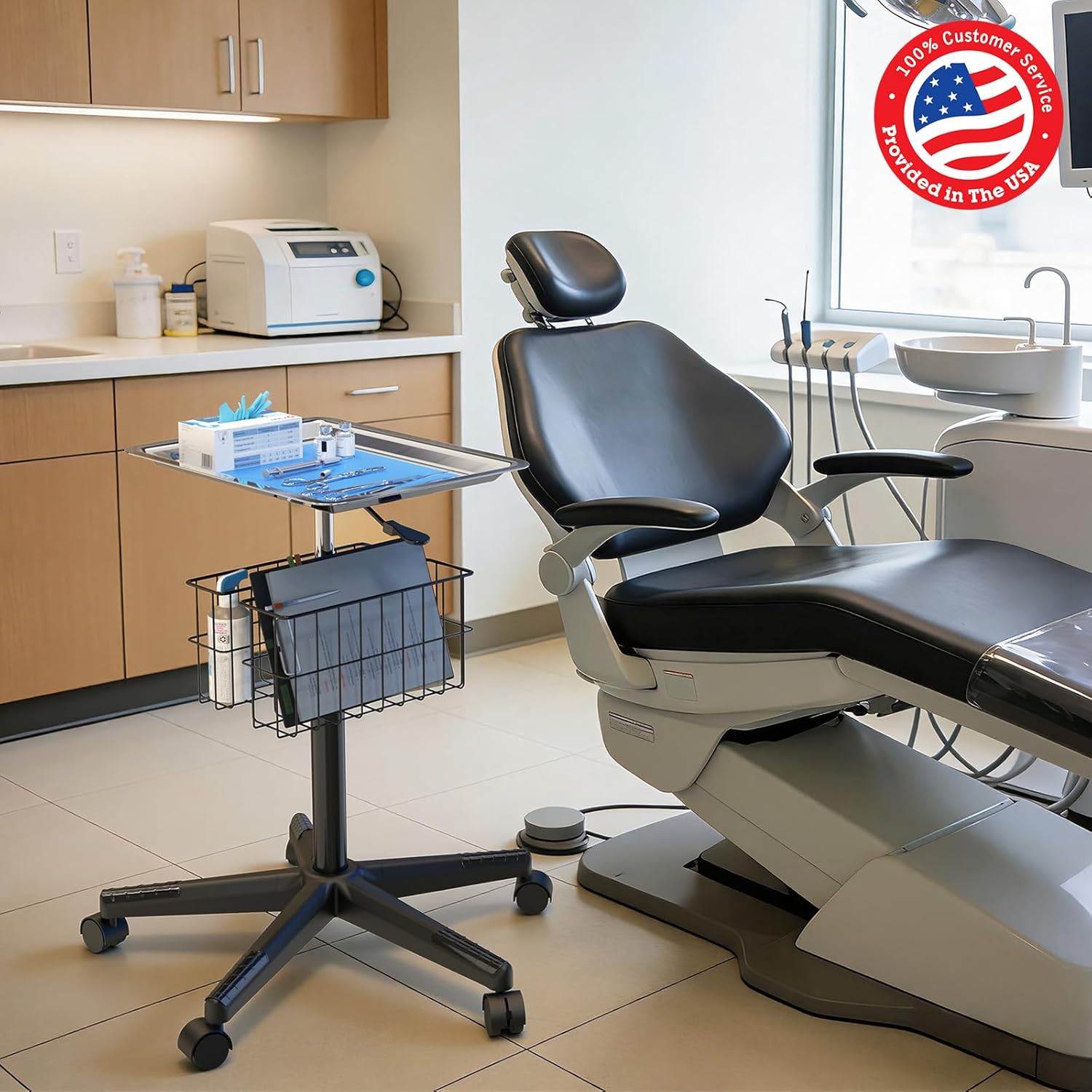 POCHAR Rolling Tray on Wheels Stainless Steel with 2 Baskets - Pneumatic Height Adjustable Medical Tray with Wheels for Clinic, Dental, Salon, Tattoo, Spa - Mobile Salon Tattoo Tray Trolley
