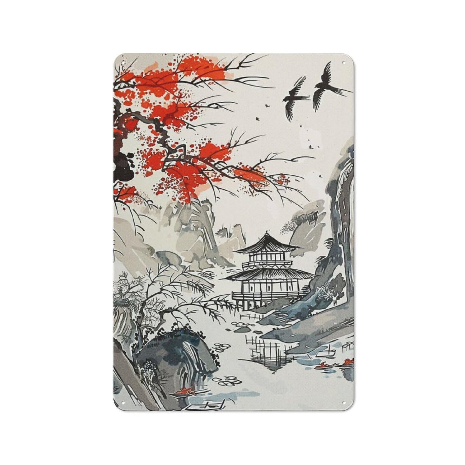 Junmoney Village Japan Tin Wall Plaque 30X20cm With For Home Office Or Studio, Gift Idea At Christmas For Creative Workspace Decorators