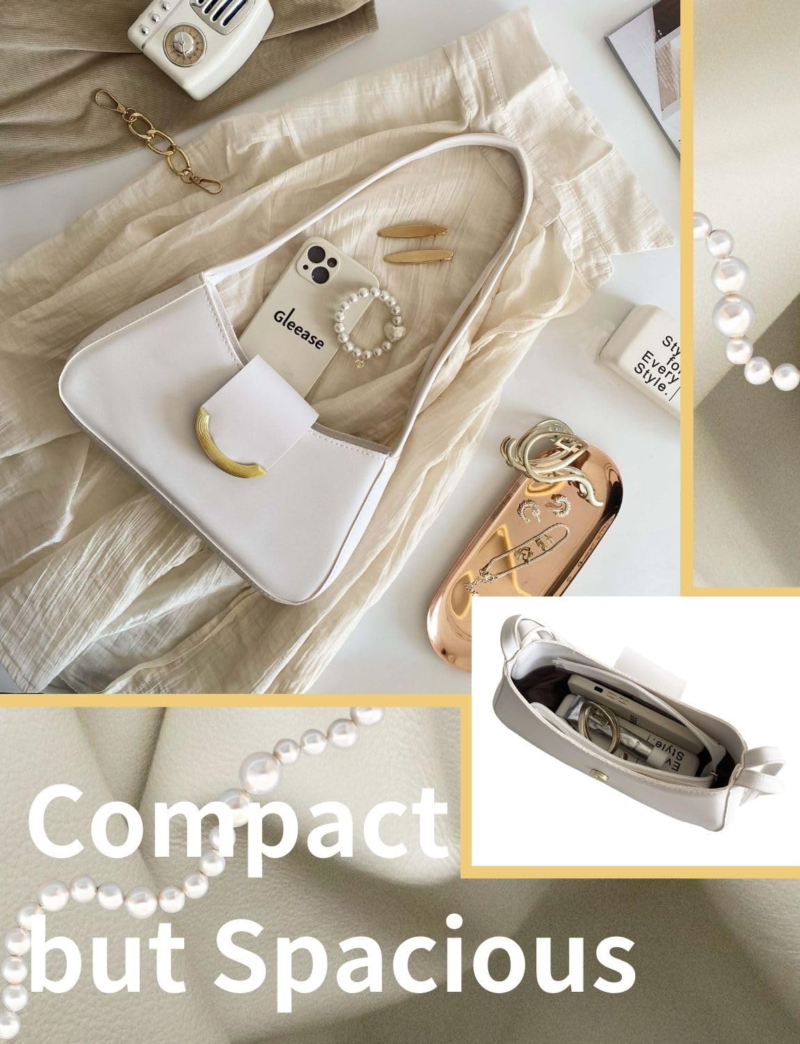 Small Purse for Women White Shoulder Bag Cute Hobo Leather Handbag Underarm Purses with Zipper Gold-Tone Bar Buckle - Image 4