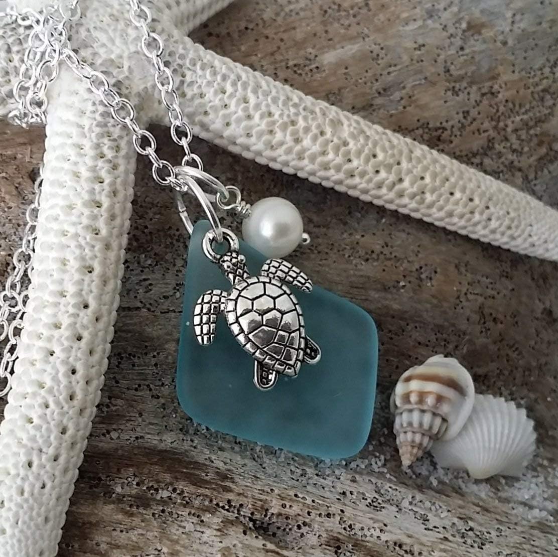 yinahawaii Handmade blue sea glass necklace,turtle charm, Natural pearl, gift box,beach glass necklace,sea glass jewelry, blue beach jewelry.
