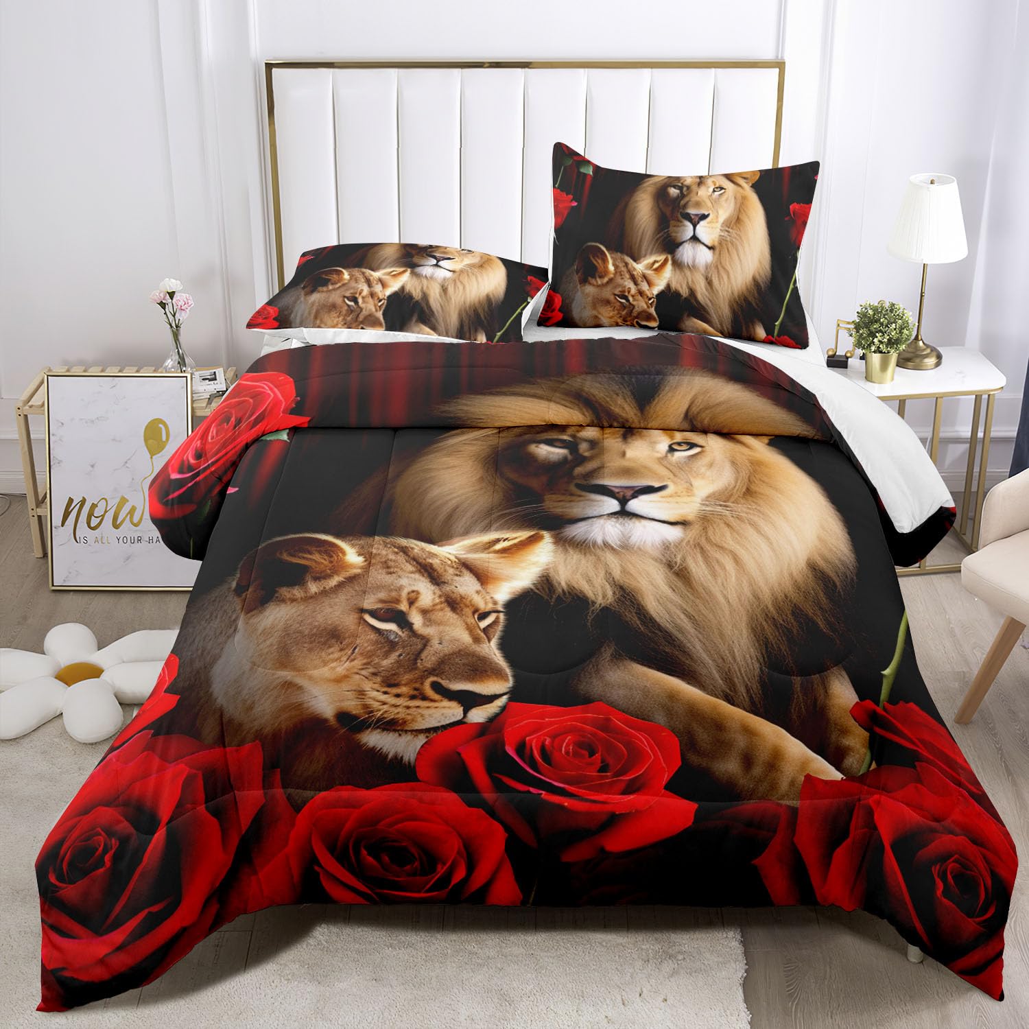 Raphus Cucullatus Lion Print Comforter Set King 3 Piece, Red Black Animal Bedding for Boys, Rose Tropical African 3D Print, Lion King Bed Set