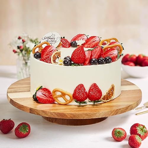 Miniatura 6 de Soporte giratorio para pasteles de madera de acacia de 12 pulgadas, plato giratorio de 2 pulgadas de alto con 2 espátulas de glaseado, 3 alisadores