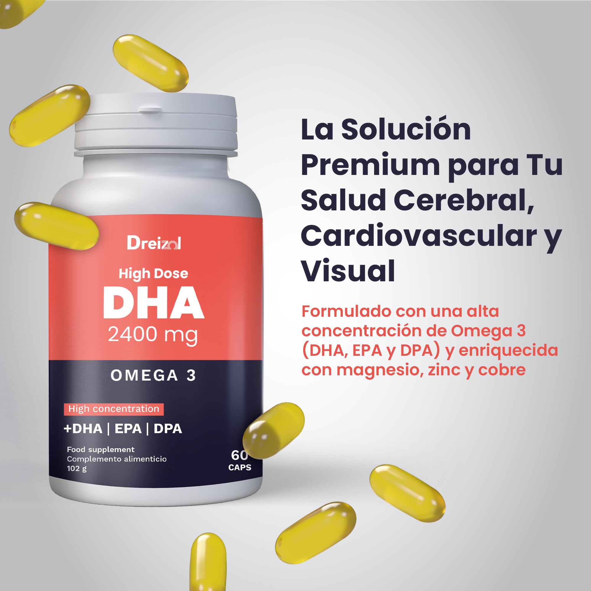 by Brudy Lab - Omega 3 2400 mg DHA High Dose – Cápsulas con DHA, EPA y DPA en Triglicéridos - Aceite de Pescado Concentrado - 60 Cápsulas