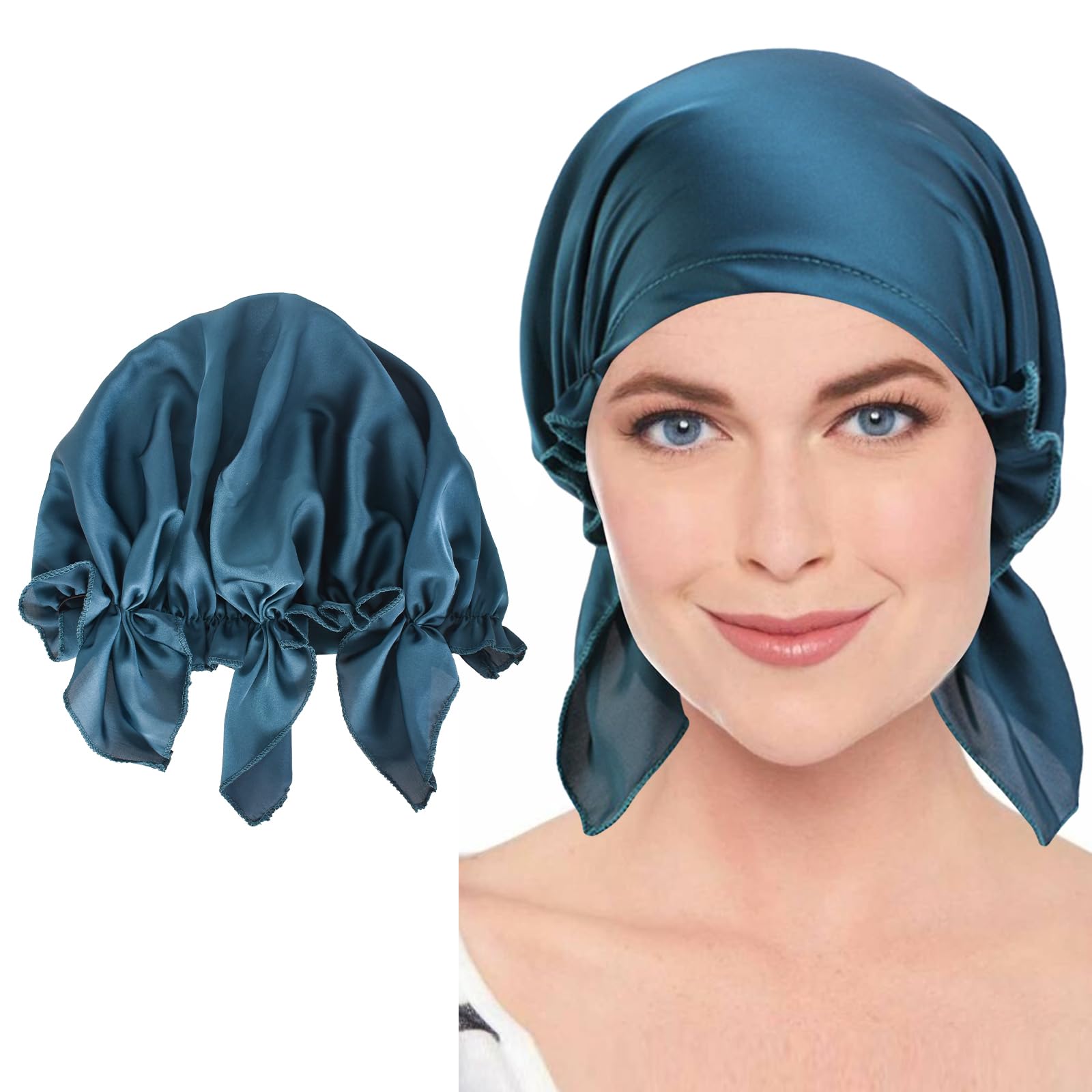 Gorro De Dormir 1 Piezas Gorro De Dormir De Satén, Gorro De Saten Para Dormir Pelo Rizado Ajustable, Gorro De Ducha Reutilizable, Gorro De Saten Pelo Largo, Transpirable, Para Mujeres Y Niñas (Azul)