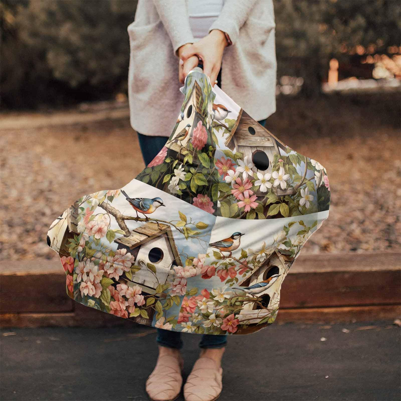 Nursing Cover for Breastfeeding Scarf, Spring Animal Flowers Retro Bird's Nest Baby Car Covers Super Soft Multi Use for Canopy Shopping Cart Cover Blanket Stroller Cover