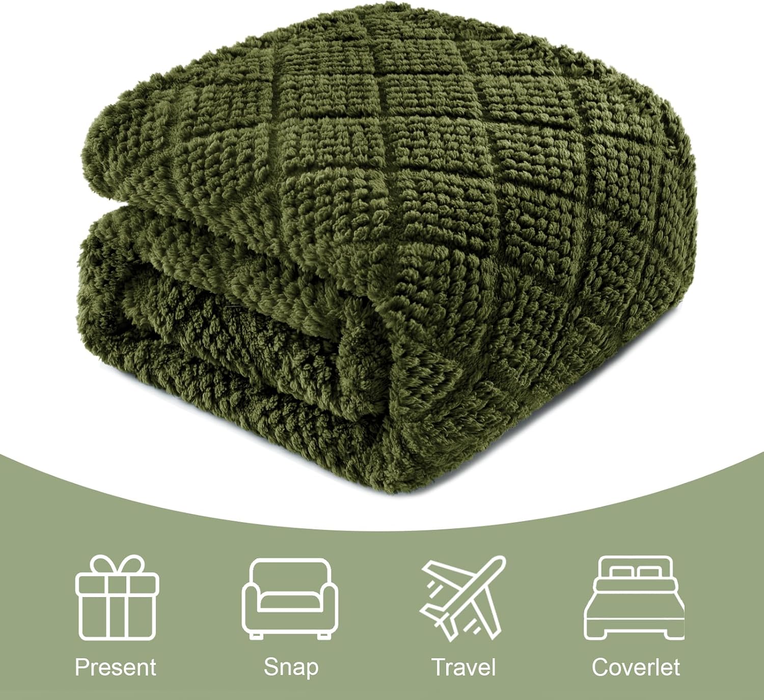 Whale Flotilla Fuzzy Fleece Queen Size Blanket for Bed, Soft Fluffy Jacquard Waffle Blankets for All Season, Lightweight and Warm, 90x90 Inch, Olive - Image 8