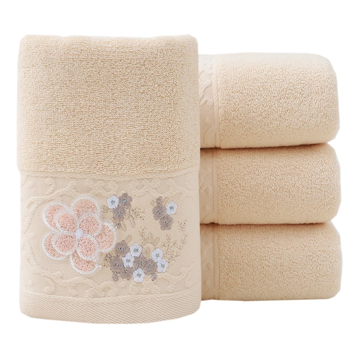 Pidada Hand Towels Set of 4 Embroidered Floral Pattern 100% Cotton Absorbent Soft Decorative Towel for Bathroom (Brown)