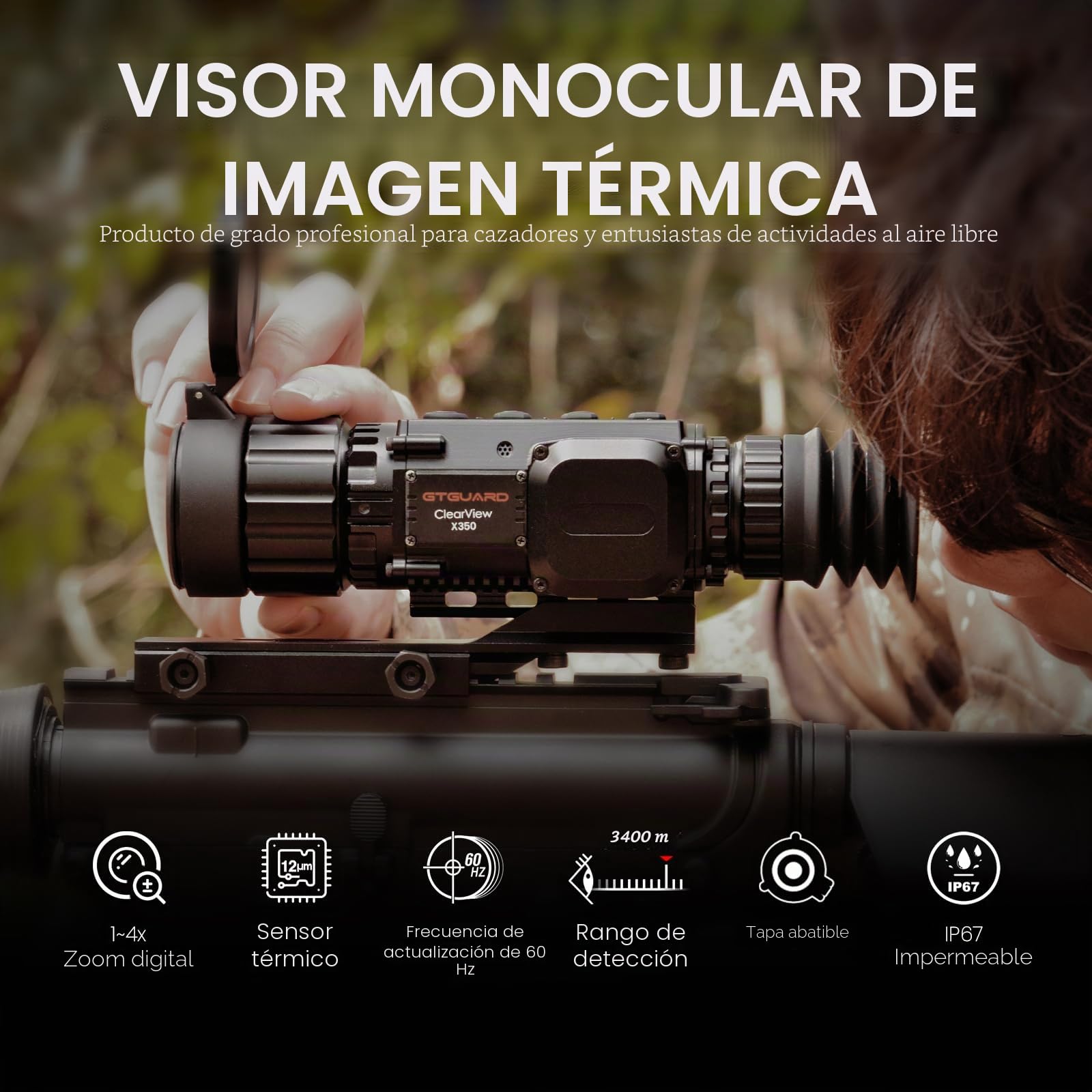 Mira Térmica X350 para Rifle de Caza, Alcance de Detección 1100m, Pantalla Micro-OLED HD 1024x768, Autonomía 10h, Óptica 35mm, WiFi y Almacenamiento Integrado 64GB