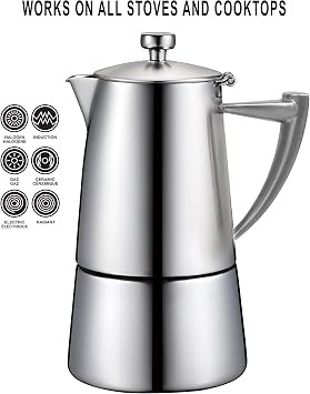 CUISINOX Roma Satin Stainless Steel Moka Pot Stovetop Espresso Maker, 4-Cup (6 oz)