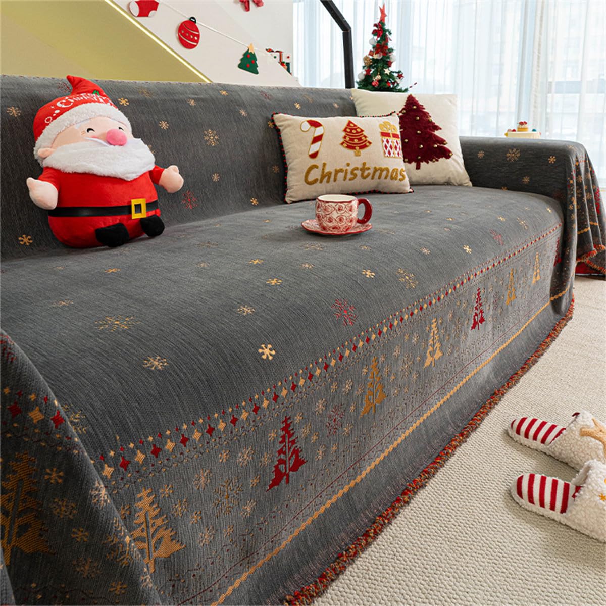 Navidad Manta de Sofá de Chenilla Funda de Sofa Grande para 1 2 3 4 Plazas, Mantas Cubrecama Cómoda Protector Cubre Arañazo Universal para Gatos y Perros (Gris,180x150cm)