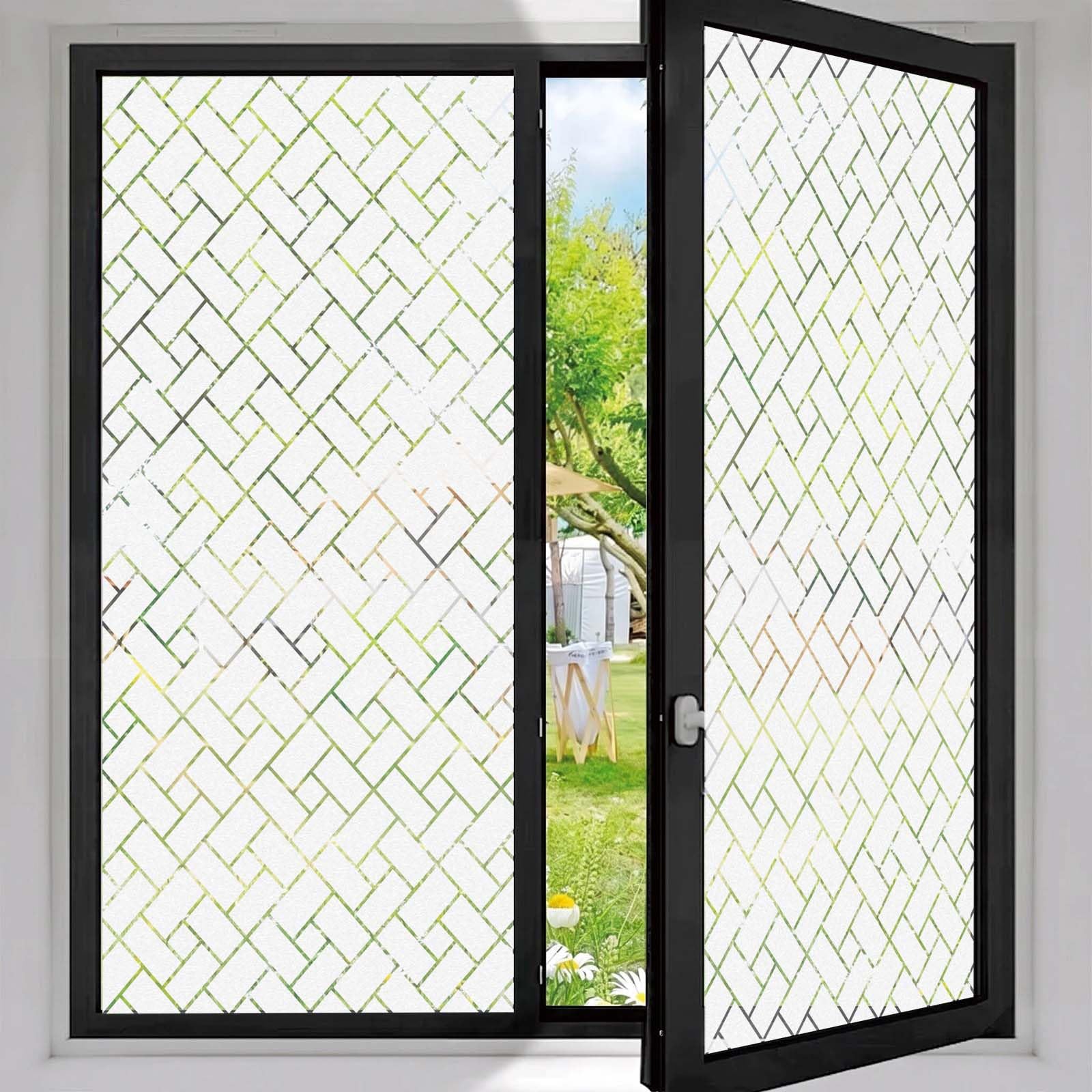 Frosted Privacy Glass Window Film 85 x 460 cm Privacy Protection, Non-Adhesive Static Cling Removable Vinyl Heat Cotrol Anti Uv, Light Blocking Static Window for Bathroom, Oblique Grid