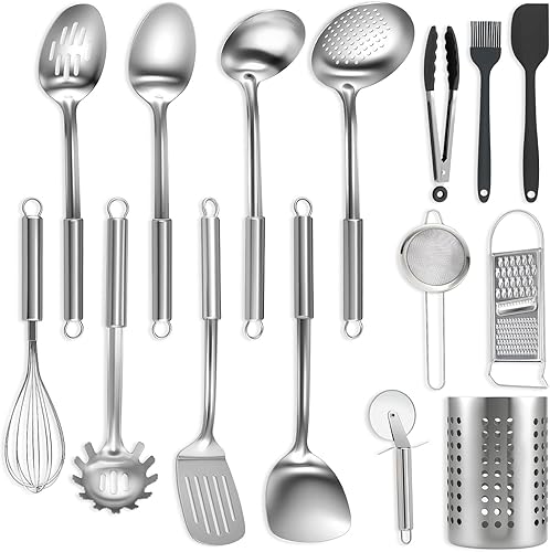 BEWOS Juego de utensilios de cocina de 15 piezas, juego de utensilios de cocina de acero inoxidable, juego de herramientas de cocina con espátula y