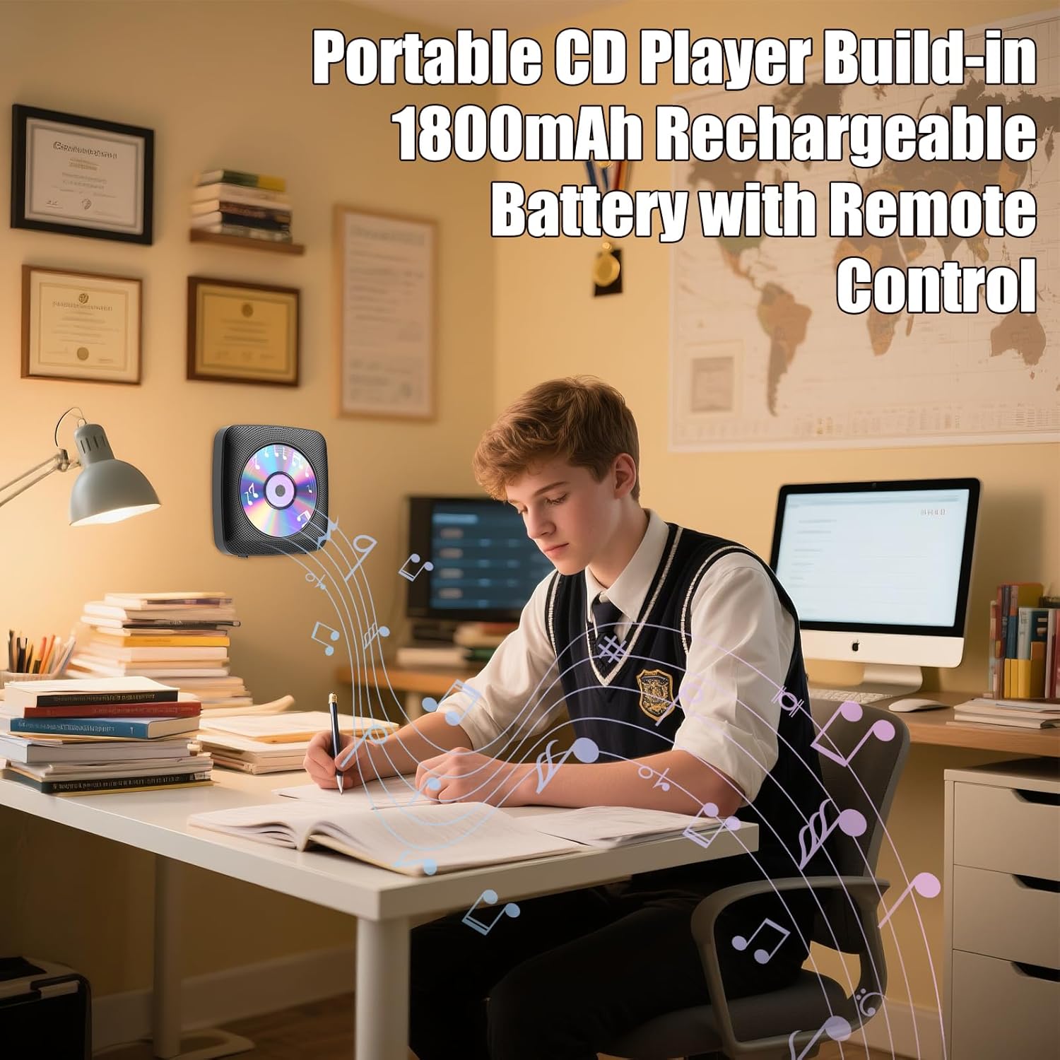 Gueray CD Player Portable with Bluetooth Wall Mountable, 1800mAh Rechargeable Battery Operated CD Music Players for Home Desk Built-in HiFi Speaker LCD Screen Display FM Radio Supports USB AUX Jack