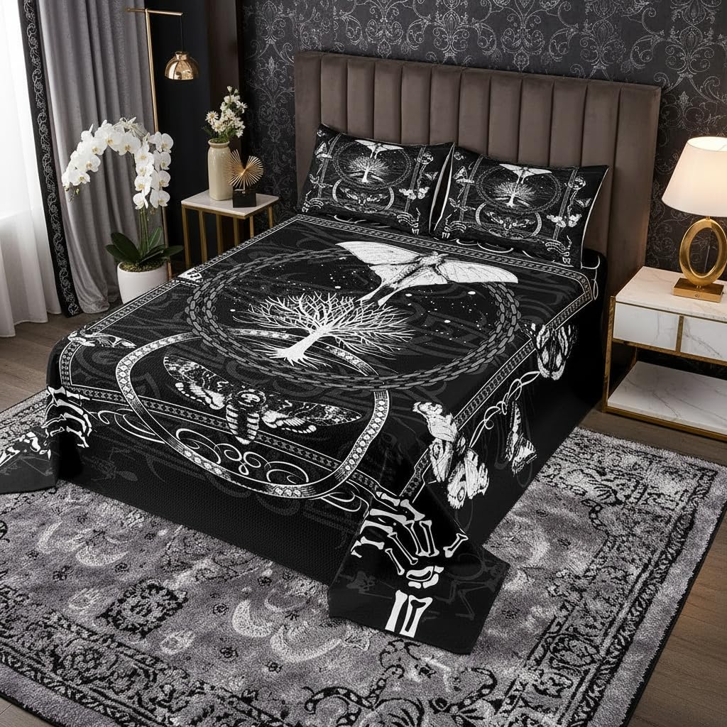 Gothic Motte Tagesdecke 220x240cm Menschliches Skelett Totenkopf Print Steppdecke Schwarz-weiße Tagesdecke 3er Set für Jungenzimmer Mottenschädel Übergroße Bettwäsche Steppdecke mit 2 Kissenbezügen Küche, Haushalt & Wohnen