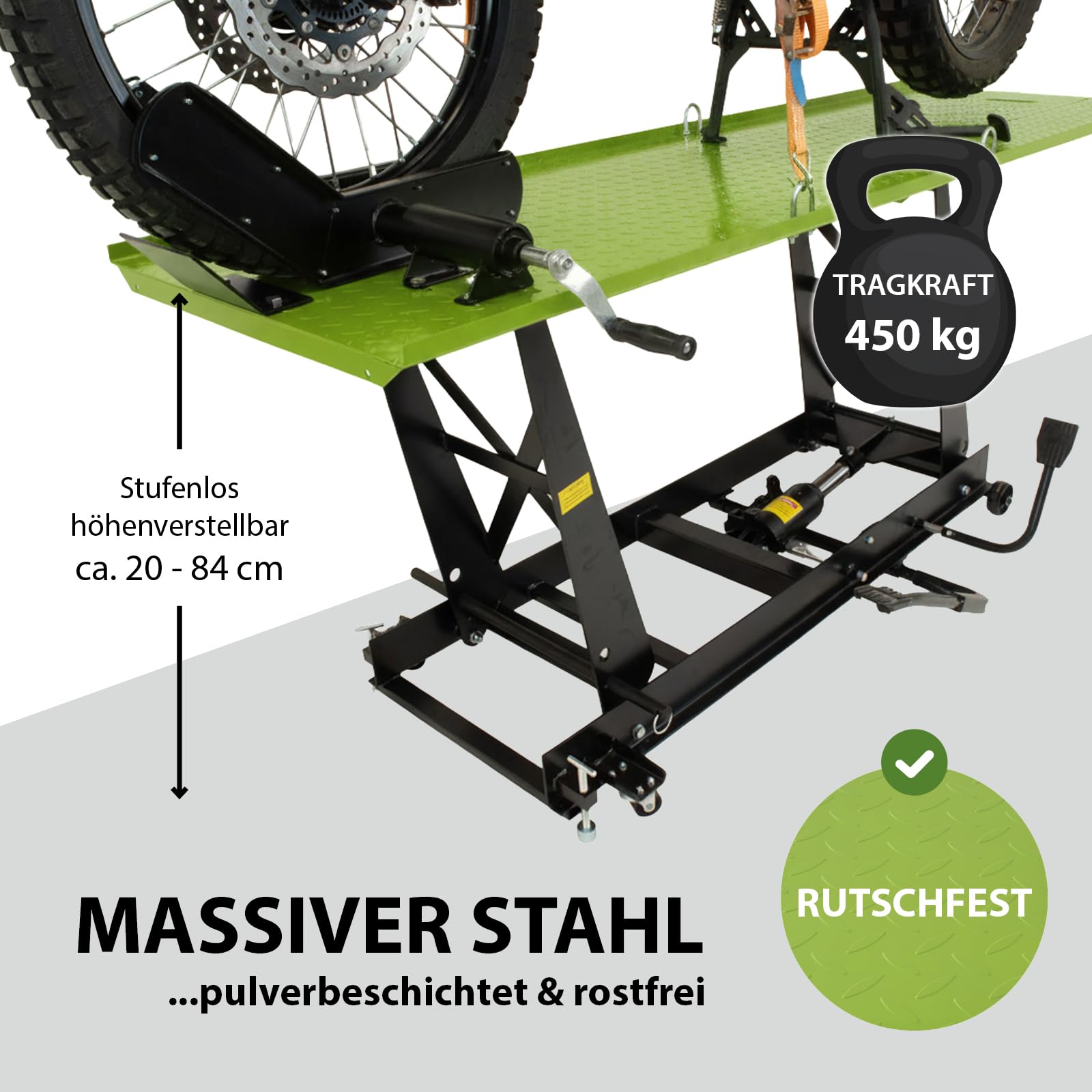 TRUTZHOLM Motorradhebebühne hydraulisch Tragkraft 450 kg Motorradheber Extra-Breit 68 cm Hubbereich 20-84 cm abnehmbare Auffahrrampe 4 Halteösen 45° Vorderradklemmung Parallelheber Hebebühne (Grün)