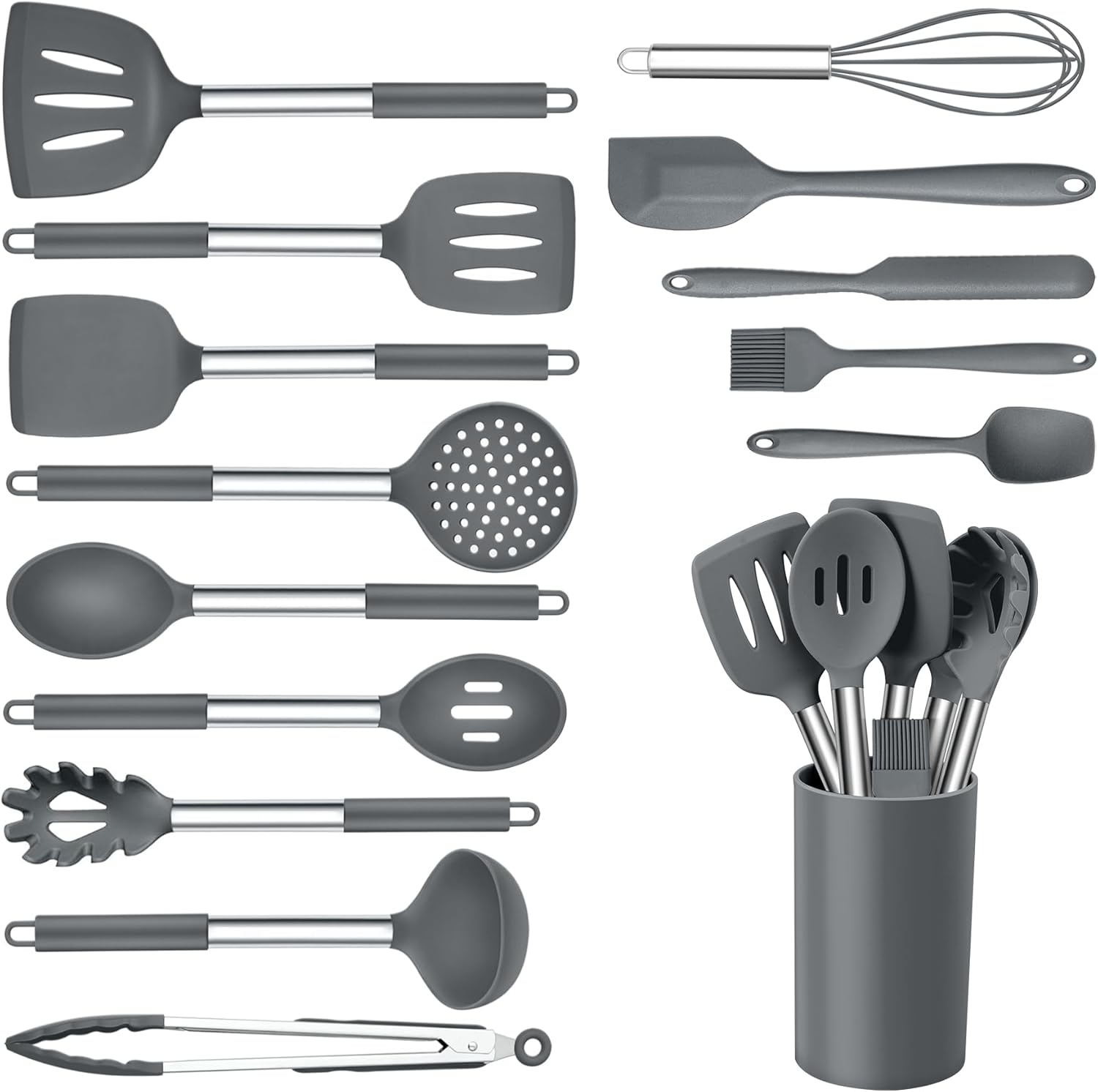 Onader Kitchen Cooking Utensils Set of 15, Silicone and Stainless Steel Utensils Spatula Set with Holder, Heat Resistant & Dishwasher Safe - Grey