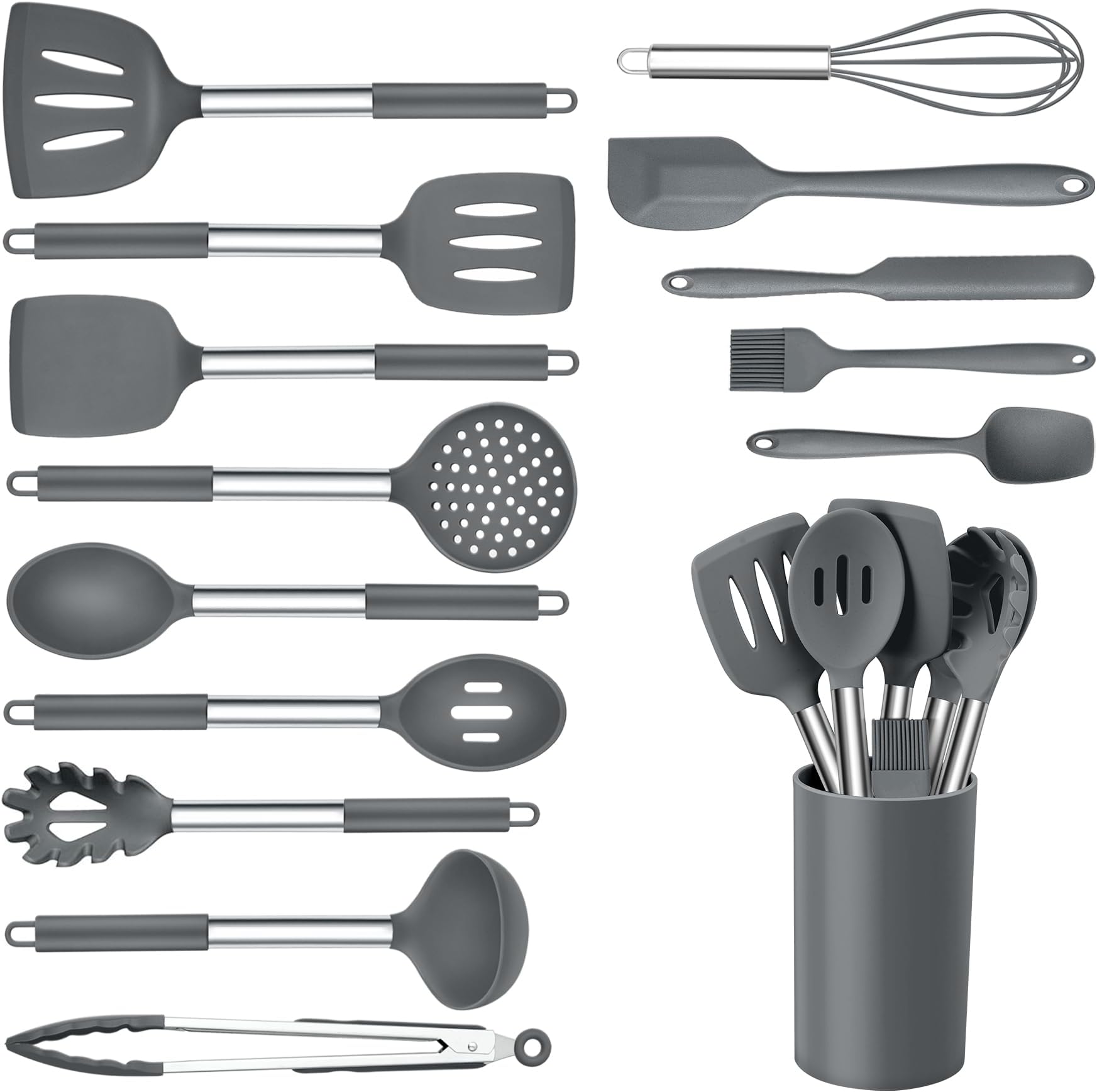 Onader Kitchen Cooking Utensils Set of 15, Silicone and Stainless Steel Utensils Spatula Set with Holder, Heat Resistant & Dishwasher Safe - Grey