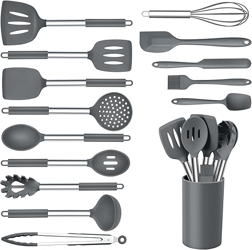 Onader Juego de Utensilios de Cocina de 15, Utensilios de Silicona y Acero Inoxidable Juego de Espátulas con Soporte, Resistente al Calor y Apto