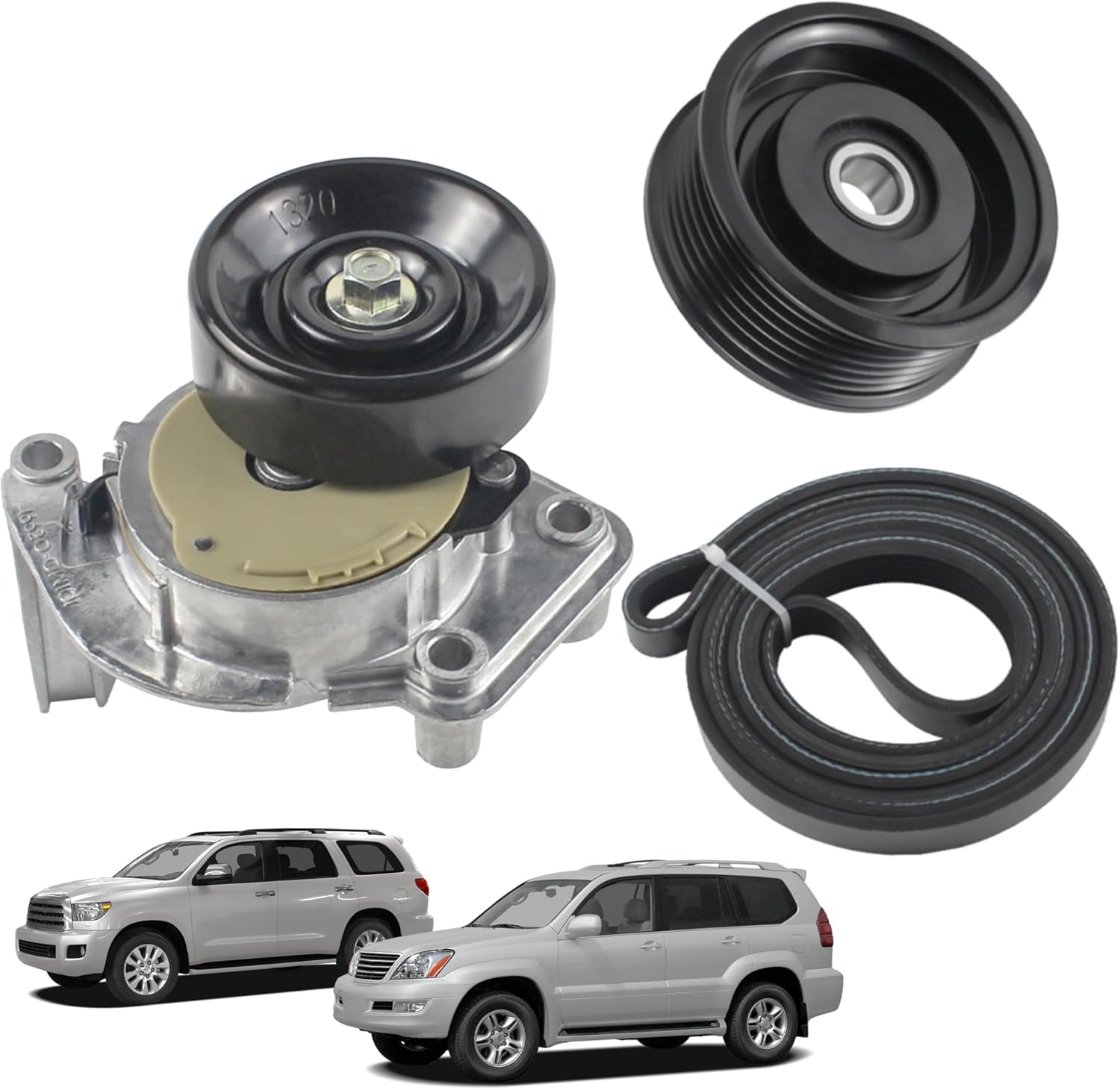 90K-38488 Serpentine Drive Belt Tensioner Idler Pulley Serpentine Belt Kit Compatible with 1998-2009 Toyota Land Cruiser Tundra Sequoia 4Runner Lexus SC400 LS430 LX470 Replaces 90K38488