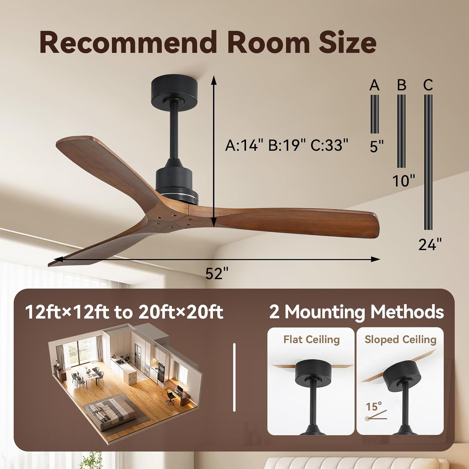 Sofucor Ceiling Fan no Lights, 52 Inch Low Profile Flush Mount Ceiling Fans with Remote, Modern Wood Ceiling Fan for Bedroom Indoor Outdoor, 6-Speed Reversible DC Motor Dimmable Timer