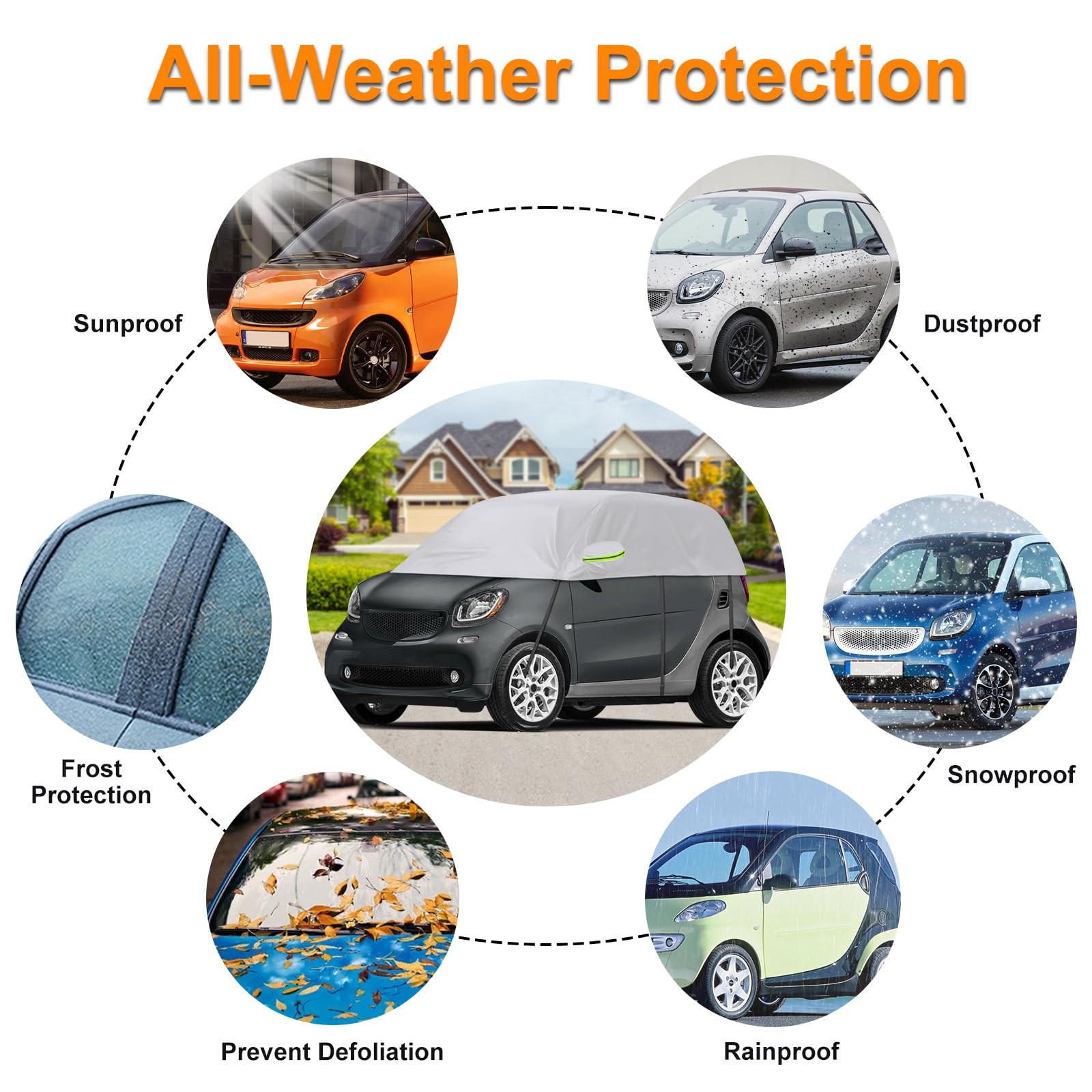 Halbgarage Autoabdeckung Wasserdicht Passend für Smart Fortwo 2006-2025, Atmungsaktiv Autoplane Regen Sonne Schnee Auto Abdeckplane Abdeckung Silber
