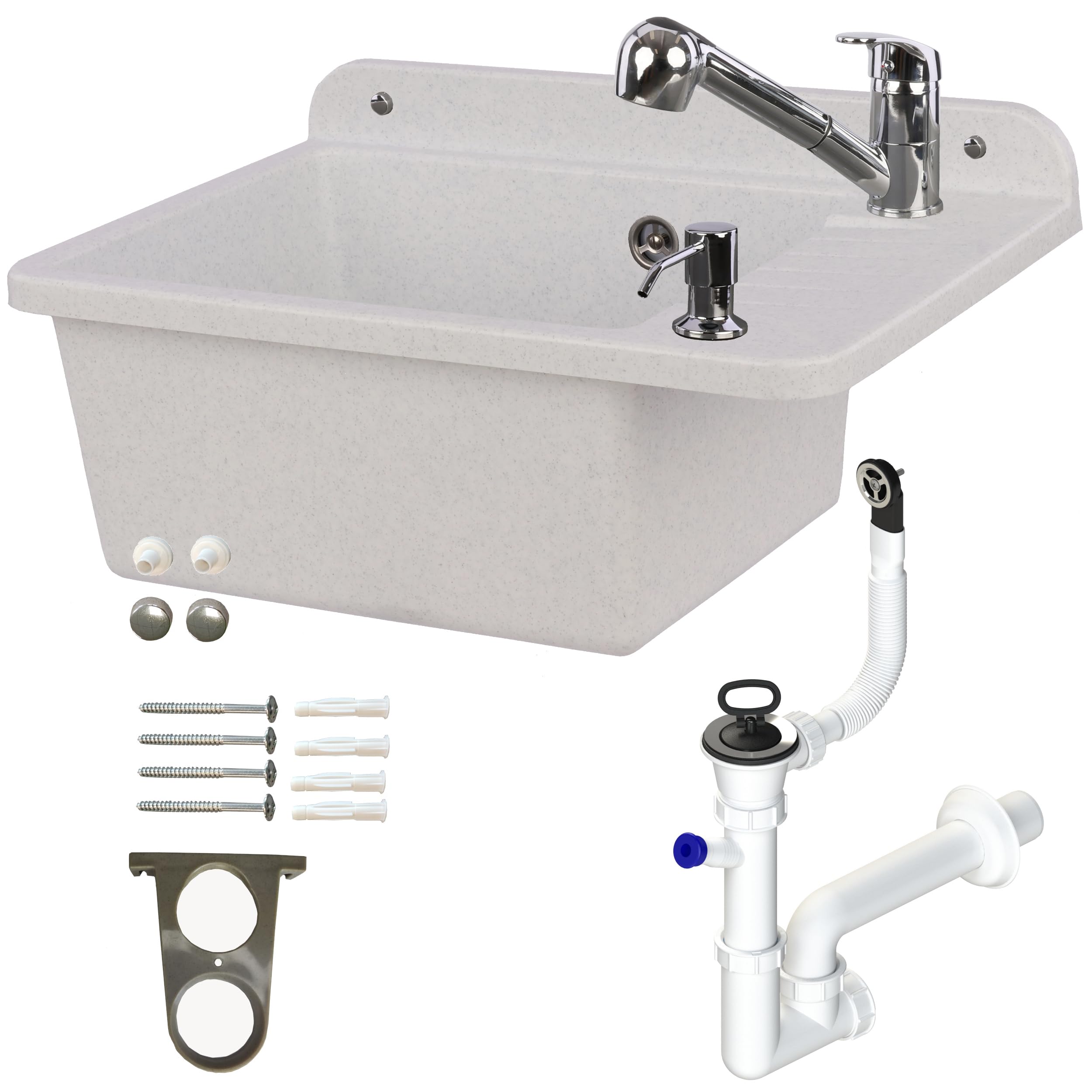 Fregadero de 51 cm, granito, poliestireno, con grifo extensible, dispensador de jabón con rebosadero, sifón para pared