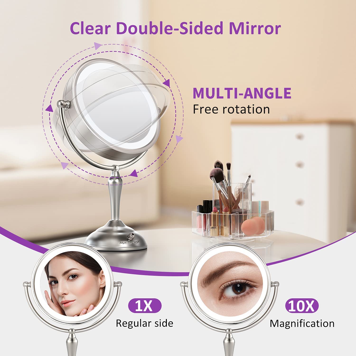 MIRRORMORE 8.5" Large Lighted Makeup Vanity Mirror, 1X/10X Magnifying Rotation Mirror with 3 Color Lighting, (0-1100Lux) Dimmable 32 LEDs Bulbs, Senior Pearl Nickel, High Definition Cord or Cordless : Beauty & Personal Care