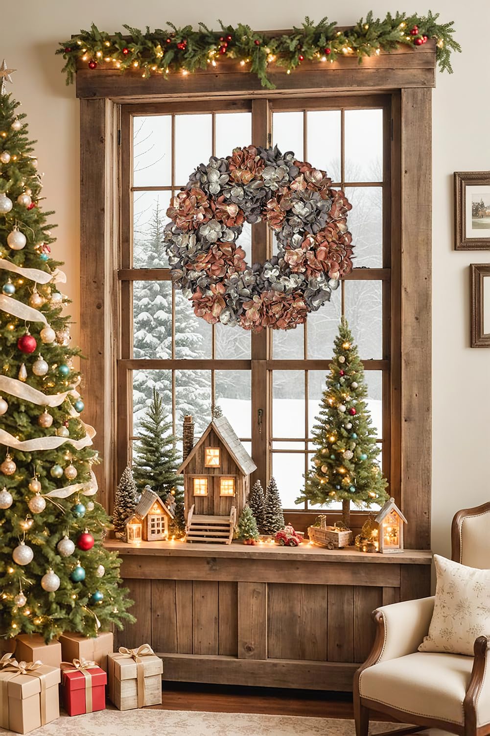 60cm Künstlich Hortensien Weihnachtskranz Deko Türkranz Kunstkranz Künstlich Türkranz für Weihnachten Künstlicher Adventskranz für Haustür, Hauswandbehang oder Weihnachtsdekoration, Winterschmuck