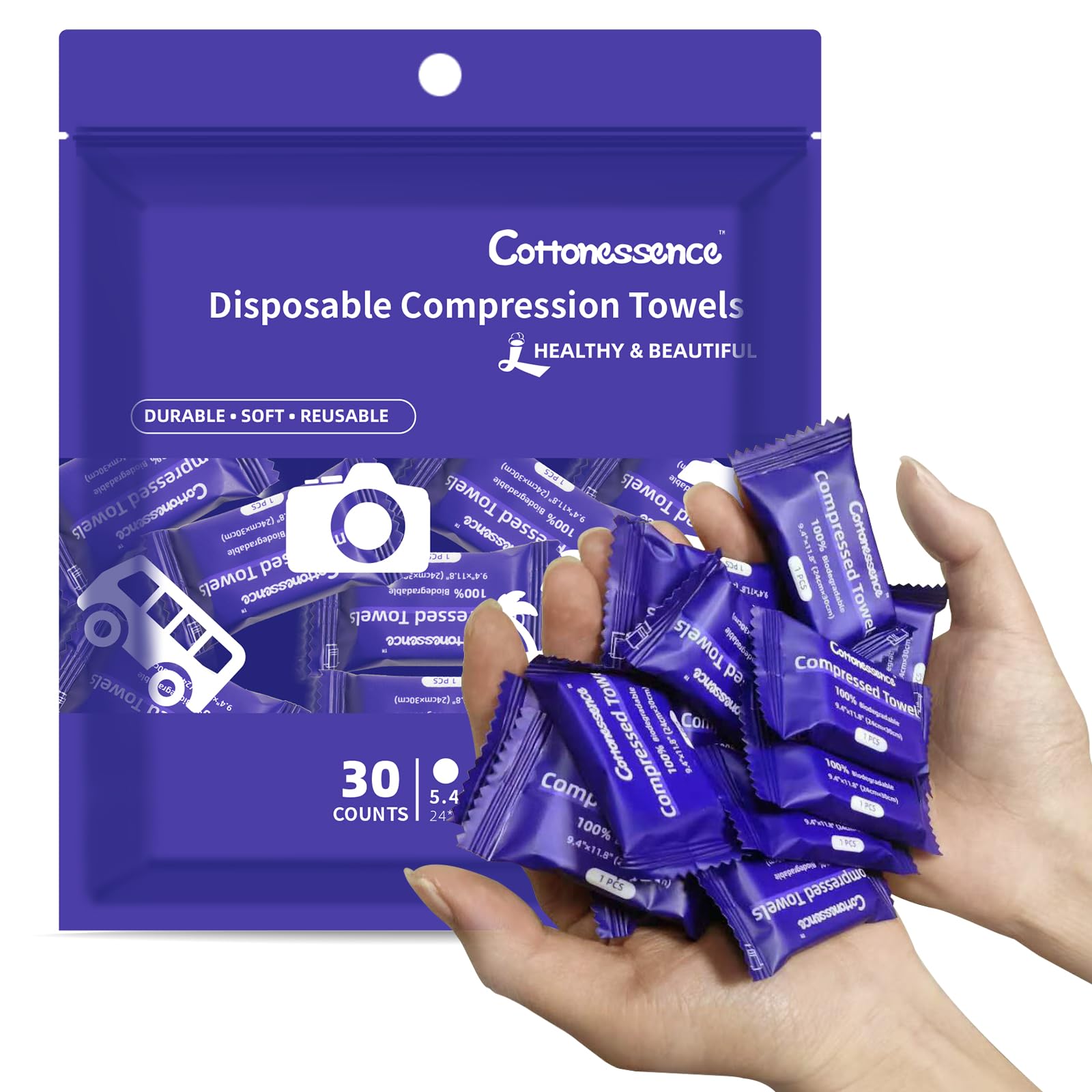 Premium Compressed Towels 30-Pack, 9.4x11.8 Inch Portable Cotton Wipes Tablets, Individually Wrapped Coin Tissues for Travel Camping Hiking Outdoor Beauty Salon