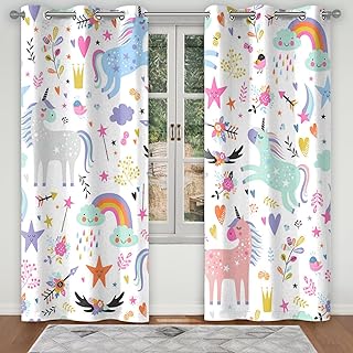 Renaiss Unicorn Room Darkening Curtains 42 x 84 inch 2 Panels Set Cute Cartoon Rainbow Colorful Unicorns Window Curtains for Girls Kids Bedroom Window Drapes for Living Room