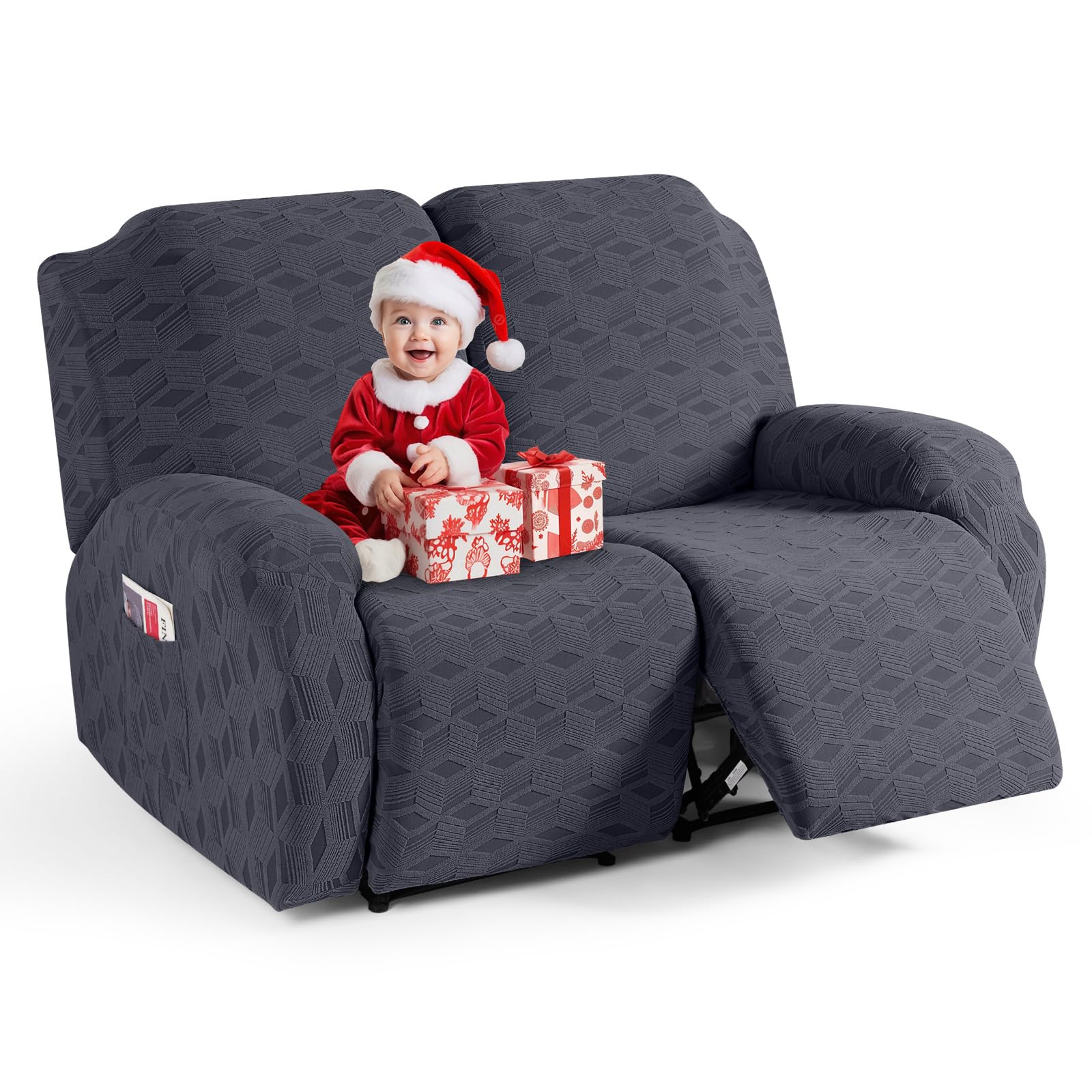 TAOCOCO Recliner Loveseat Cover, Stretch Jacquard Reclining Loveseat Cover Furniture Protector Sofa Slipcovers 2 Seat Recliner Covers with Elastic Bottom for Kids, Pets (Dark Grey)