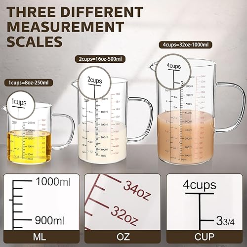 Miniatura 5 de Lallisa Paquete de 3 tazas medidoras de vidrio con asa y boquilla en forma de V, vaso de vidrio de borosilicato alto con 3 escalas (Oz, taza, Ml)