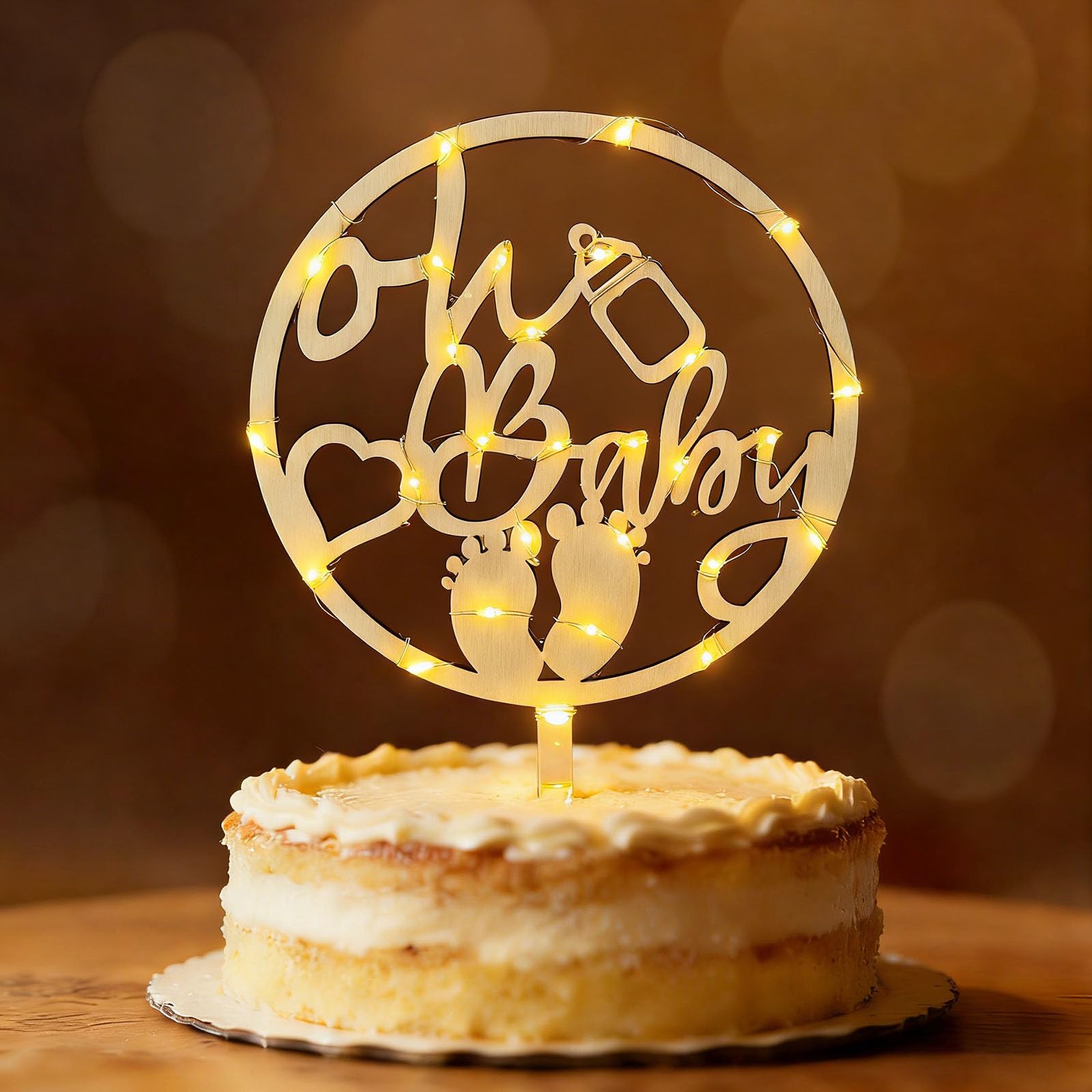 Oh Baby Cake Topper, Seutgjie Babyparty Deko Junge Mädchen Holz mit LED Lichterkette Kuchen Deko
